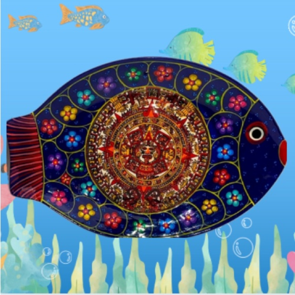 Mexican Terra Cotta Hand Painted Folk Art Fish Wall Art/ Platter